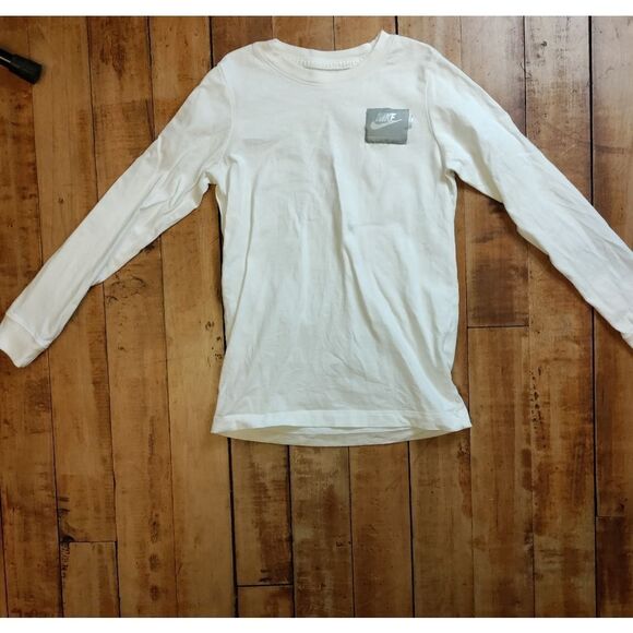 Nike long sleeve shirt small boys white cotton winter spring silver logo - Picture 1 of 6